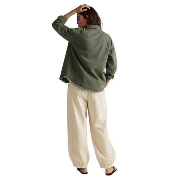 zeagoo Jackets & Blazers - Zeagoo Olive Green Denim Shacket Jacket Frayed Hem Button Up Oversized XL